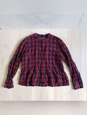 Red and Black Buffalo Plaid Peplum Button-Front Top
